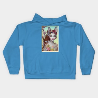 Fantasy art painting of a girl with flowers and ears of a cat Kids Hoodie